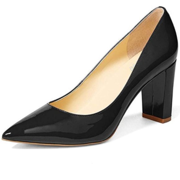 YDN Black Pointed Toe Chunky High Heel Pumps - Picture 1 of 12